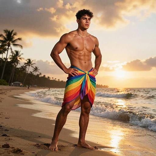 Muscular, shirtless man with curly dark hair stands on beach at sunset, wearing rainbow sarong, hands on hips, palm trees and ocean waves