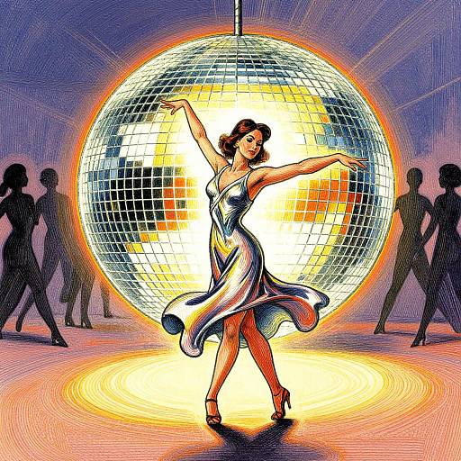 Digital artwork of a dancing woman in a flowing silver dress, illuminated by a glowing disco ball, surrounded by silhouetted dancers.