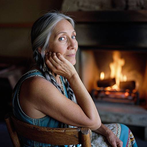 Photograph of an elderly woman with gray hair, wearing a denim sleeveless top, sitting by a warmly lit fireplace, gazing thoughtfully.