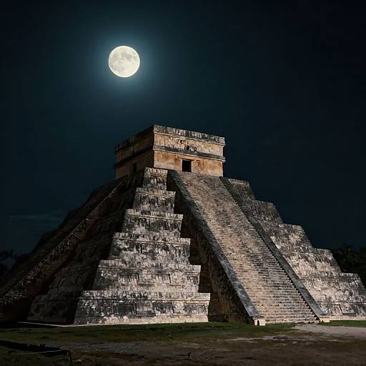 Photograph of the ancient Mayan pyramid, Chichen Itza, under a full moon. The pyramid's stone steps are illuminated, highlighting its massive