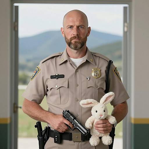 Bald Policeman with Stuffed Rabbit