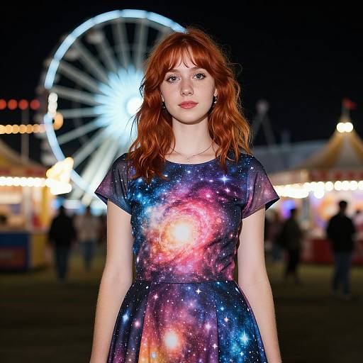 Photograph of a red-haired woman in a galaxy-print dress standing at a nighttime carnival with a bright Ferris wheel in the background.