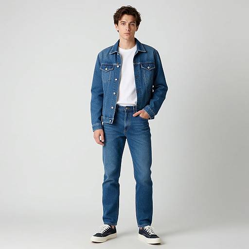 Photograph of a young man with short dark hair, wearing a blue denim jacket, white t-shirt, blue jeans, and black sneakers, standing against