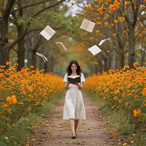Photograph of a curly-haired woman in a white dress, surrounded by orange flowers, holding books that float mid-air on a forest path.