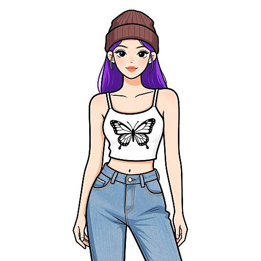 Digital anime-style drawing of a woman with purple hair, wearing a brown beanie, white butterfly tank top, and blue jeans.