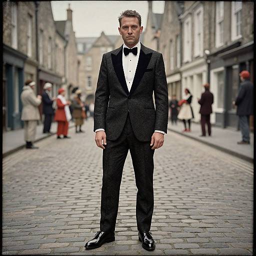 Photograph of a serious, fair-skinned man in a black tuxedo with a bow tie, standing on a cobblestone street, surrounded