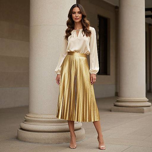 Photograph of a woman with long wavy brown hair, wearing a white blouse and gold pleated skirt, standing in front of stone columns. She