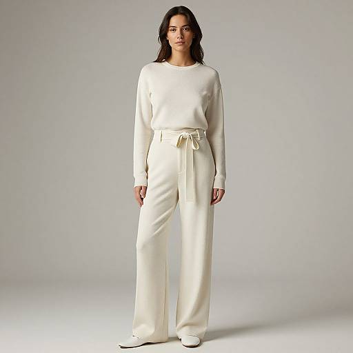 Photograph of a young woman with medium brown skin, black wavy hair, wearing an all-white long-sleeve sweater and wide-legged pants with