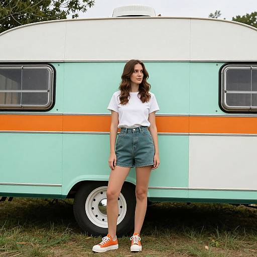 Retro Woman with Vintage Travel Trailer