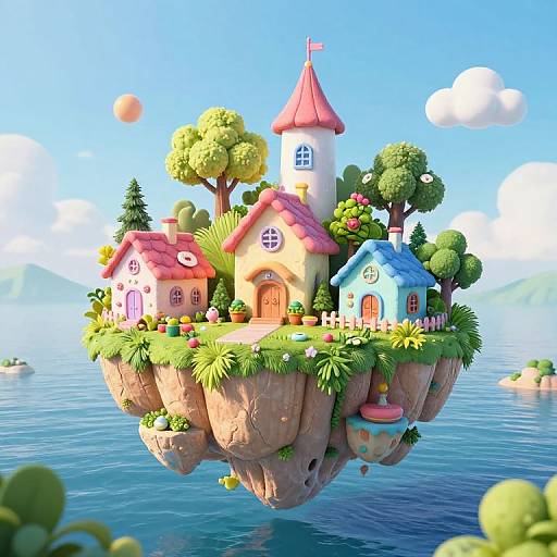 Whimsical CGI island with colorful houses, lush greenery, and a blue sky. Floating above a calm, blue ocean, surrounded by small islands