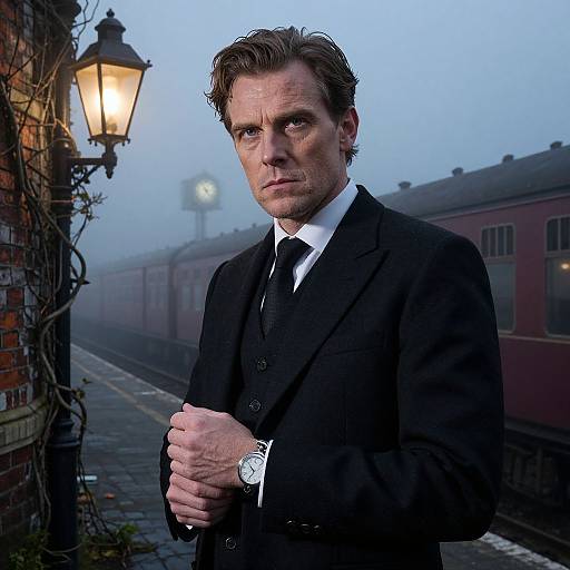 Photograph of a serious-looking, middle-aged man with brown hair in a black suit, white shirt, and black tie, standing on a foggy