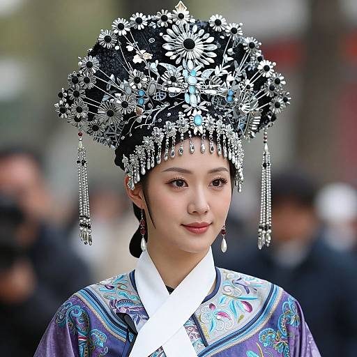 Photograph of an Asian woman in traditional attire with an elaborate black and white floral headpiece, adorned with silver beads, wearing a colorful patterned robe