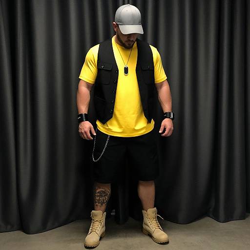 Photograph of a muscular man in a yellow shirt, black vest, black shorts, beige boots, white cap, and black wristbands, standing against