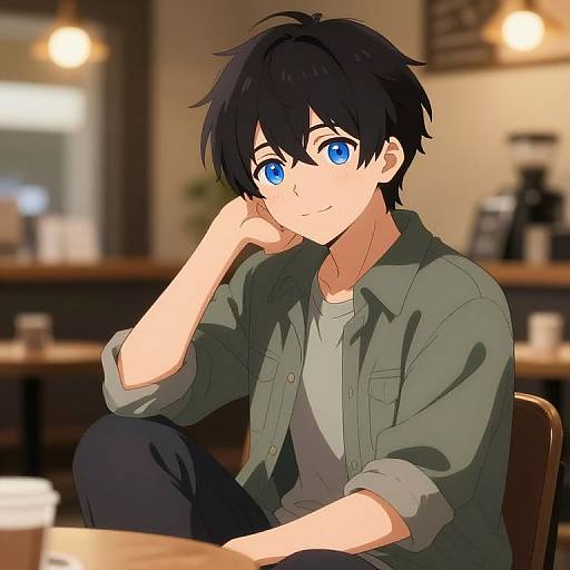 Anime-style digital illustration of a young man with black hair and bright blue eyes, sitting in a cozy café, wearing a green shirt and grey tee,