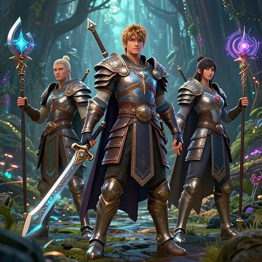 3D Fantasy Warriors in Mystical Forest