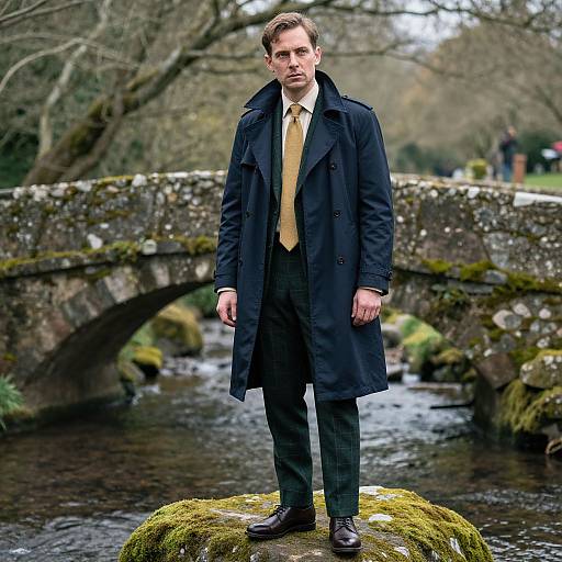 Photograph of a serious, light-skinned man with short brown hair, wearing a black trench coat, yellow tie, and dark pants, standing on
