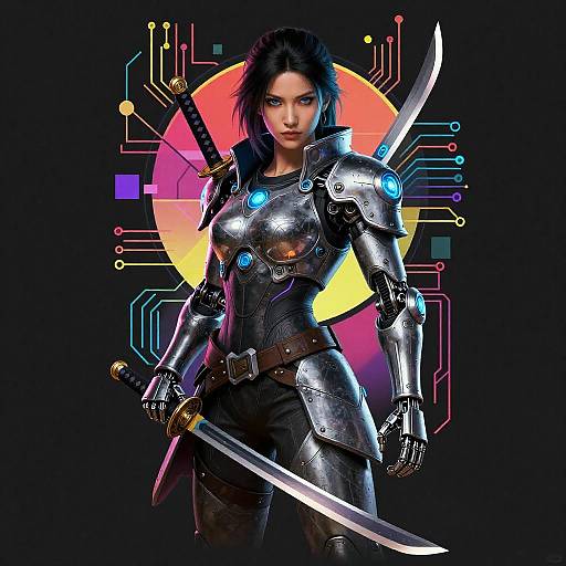 Digital artwork of a fierce, dark-haired woman in metallic armor with glowing blue accents, holding two swords, against a neon, circuit-like background.