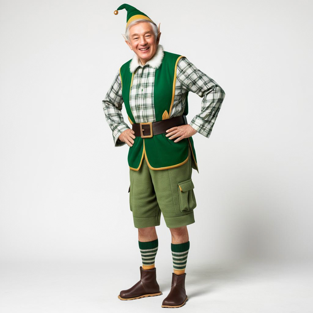 Amused Elderly Man in Elf Costume