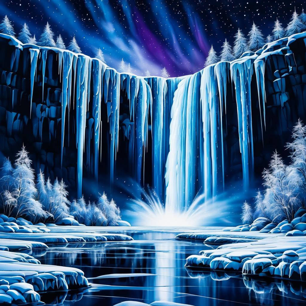 Frozen Waterfall Under Polar Night Sky