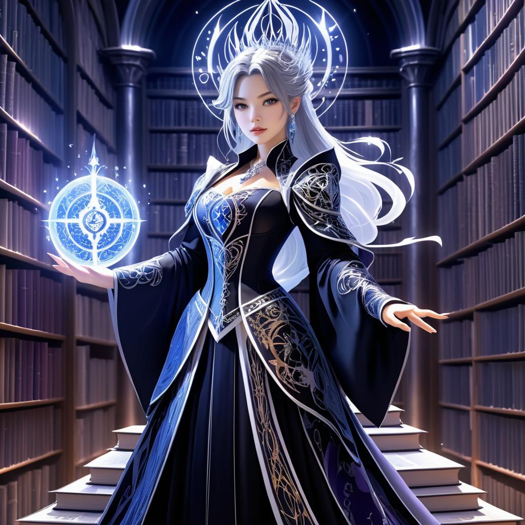 Elegant Sorceress in a Mystical Library