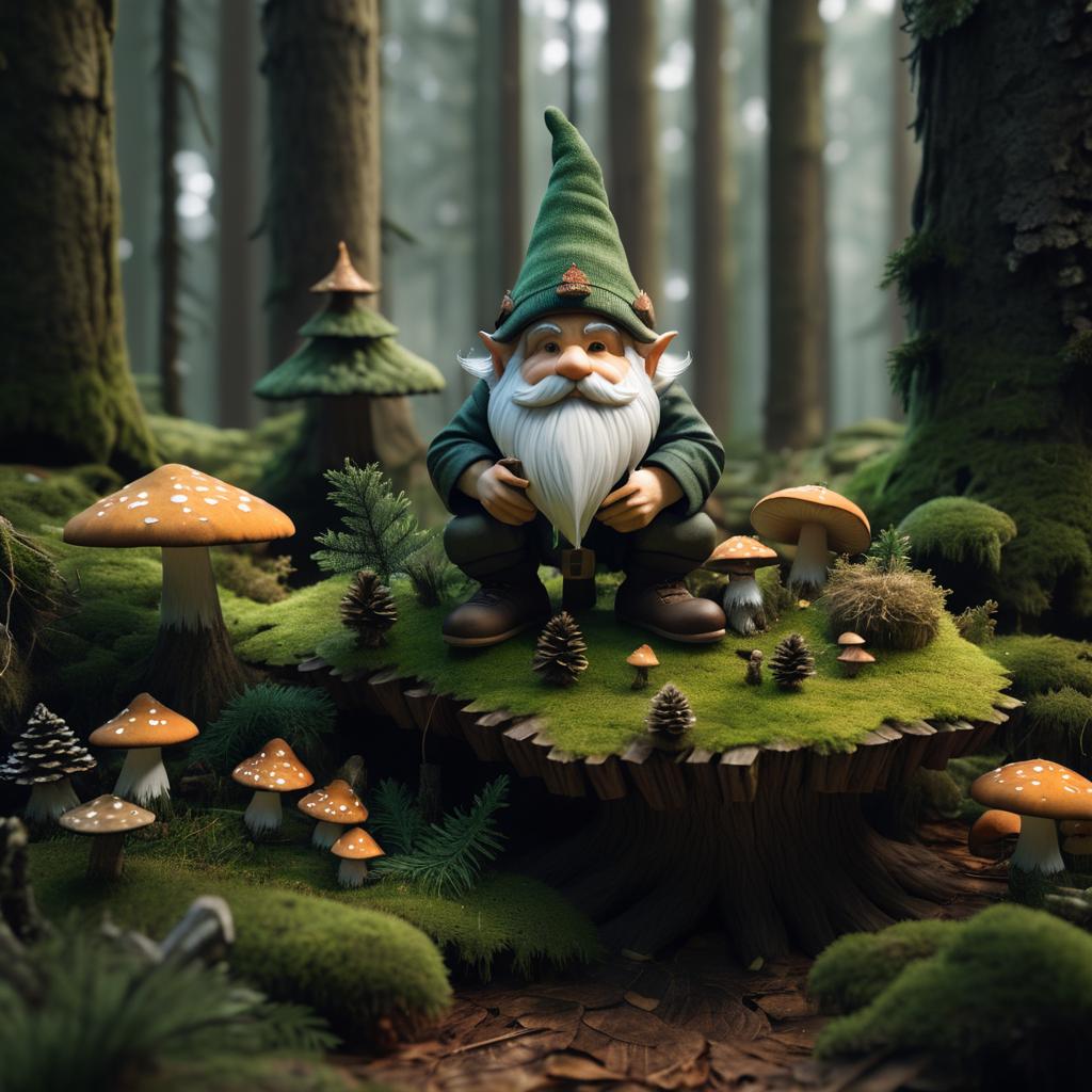 Hyperrealistic Gnome in Dark Forest