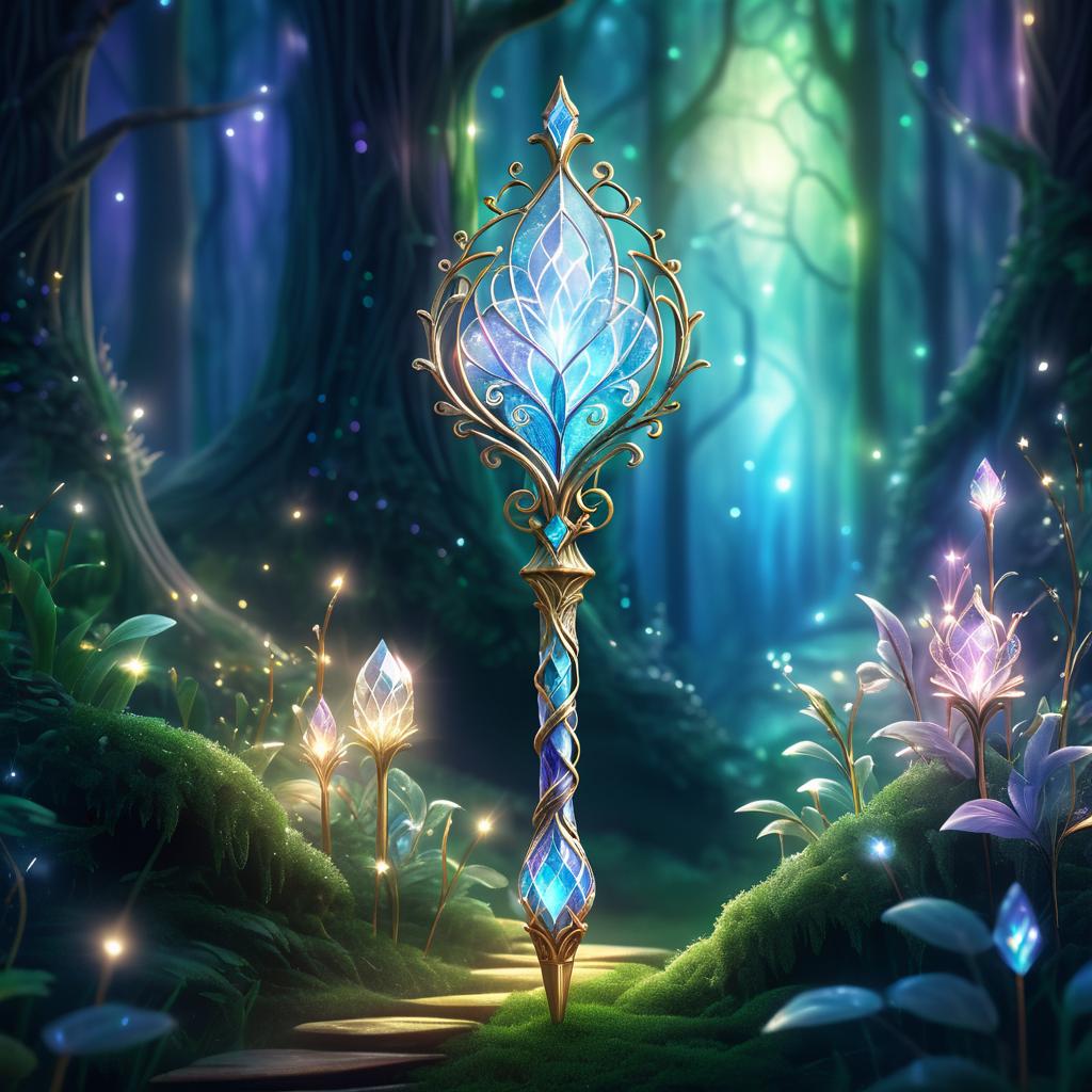 Enchanted Crystal Staff in Magical Forest