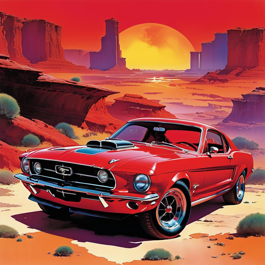 Vintage Ford Mustang in Vibrant Comic Style