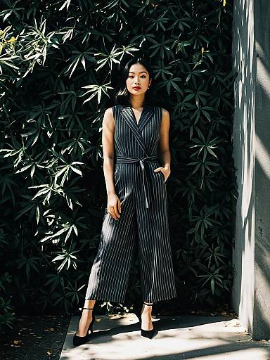 Stylish Asian Woman in Pinstripe Jumpsuit
