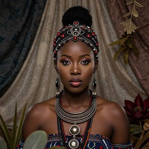 Photograph of a beautiful Black woman with dark skin, wearing intricate beaded headpiece, necklace, and earrings, against a draped fabric background.