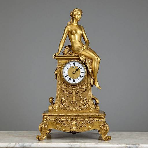 Gilded clock with classical nude statue of woman sitting on top, ornate base, white clock face, black Roman numerals, grey background. Phot