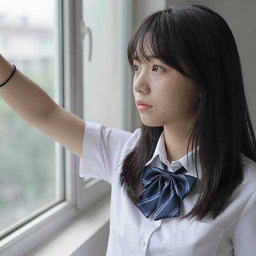 Asian Woman in School Uniform by Window
