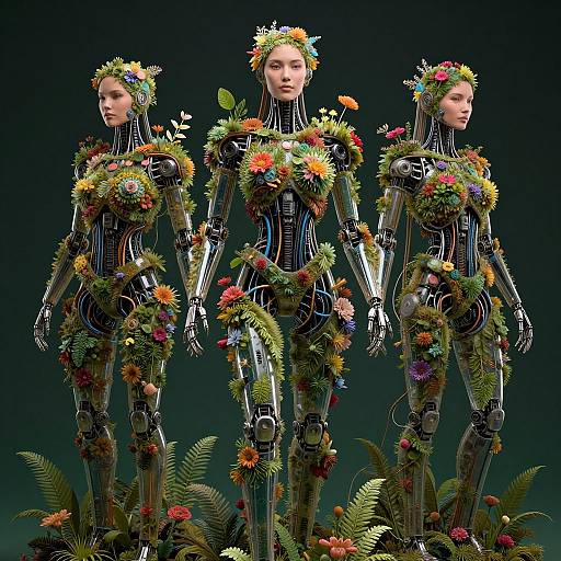 Photograph of three identical, metallic, flower-crowned female robots standing in a dark background, adorned with colorful flowers and ferns.