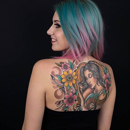 Photograph of a smiling woman with turquoise and pink hair, showcasing a colorful back tattoo of a floral design with a woman's face on her right shoulder