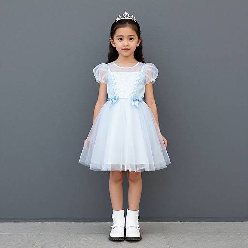 Photograph of an Asian girl with long black hair, wearing a white tiara, white short-sleeve dress, white ankle socks, and white