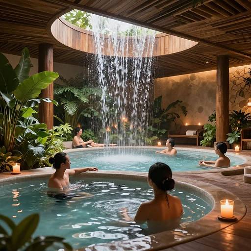 Photograph of four topless women in a luxurious, wooden-roofed hot tub surrounded by lush greenery, lit by candles, and a central