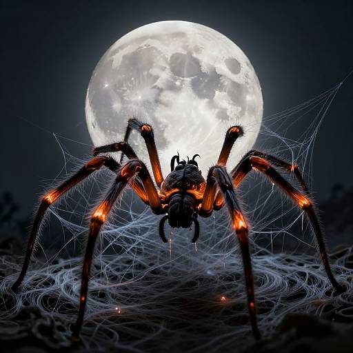 Photorealistic image of an orange and black spider with glowing accents, in front of a full moon, surrounded by its web. Dark, eerie night