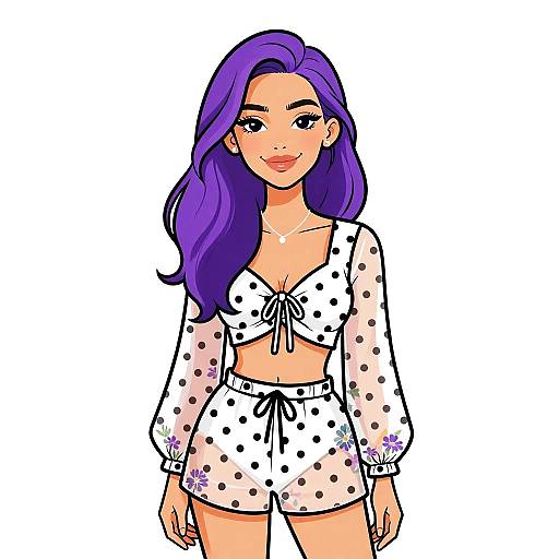 Digital anime-style drawing of a smiling woman with long purple hair, wearing a white, polka-dot crop top and matching high-waisted shorts with
