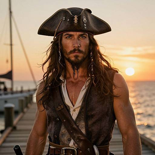 Photograph of a rugged, muscular pirate with long brown hair, black tricorn hat, and sleeveless brown vest, standing on a wooden pier at
