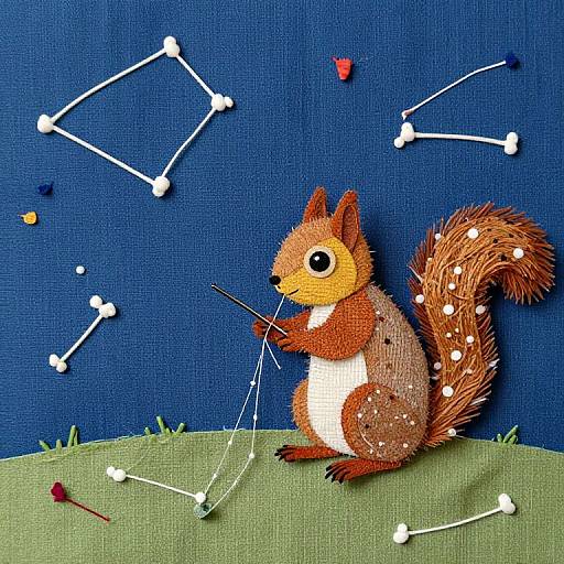 Colorful embroidered squirrel with large eyes, playing string on a blue fabric background with constellation patterns and scattered buttons.