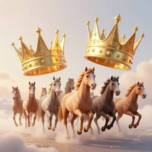 Digital artwork of galloping horses with golden crowns floating above them, set against a radiant, cloudy sky backdrop.