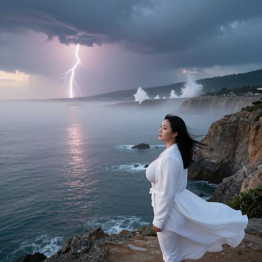 Photograph of a woman with long black hair in a flowing white dress standing on a rocky cliff, gazing at a dramatic lightning-filled stormy sky