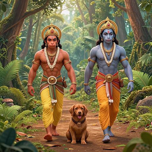 Digital art of blue-skinned Hindu gods with muscular physiques, yellow sarongs, gold jewelry, and headpieces, walking a golden retriever through