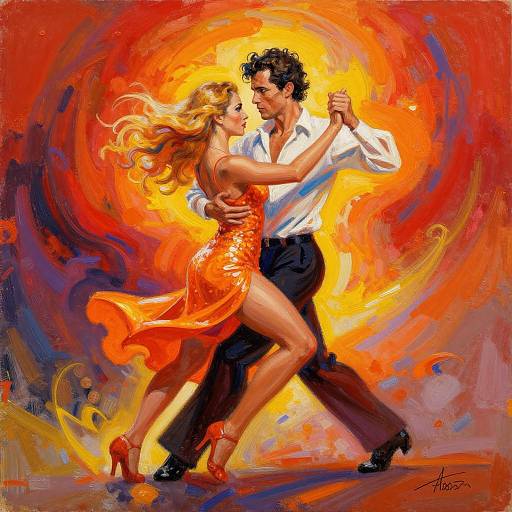 Dynamic digital painting of a dancing couple: blonde woman in red sequin dress, black-haired man in white shirt and black pants, surrounded by vibrant,