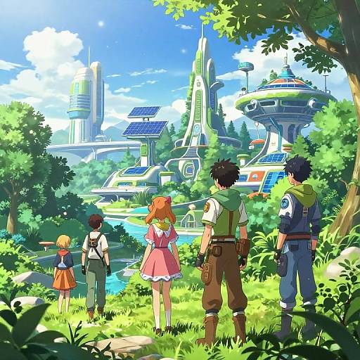 Digital anime-style illustration of five characters, three adults and two children, standing in lush greenery, looking at futuristic cityscape with towering buildings and solar