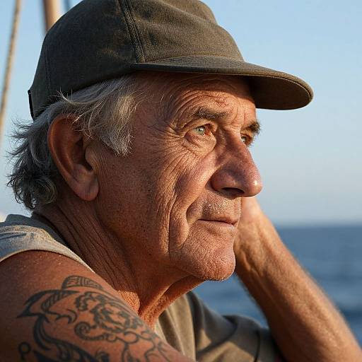Photograph of an elderly man with weathered skin, gray hair, and a tattoo on his arm, wearing a black cap, gazing thoughtfully