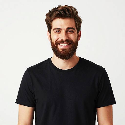 Smiling Young Man with Beard in Black T-Shirt