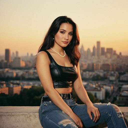 Young woman posing with city skyline at sunset