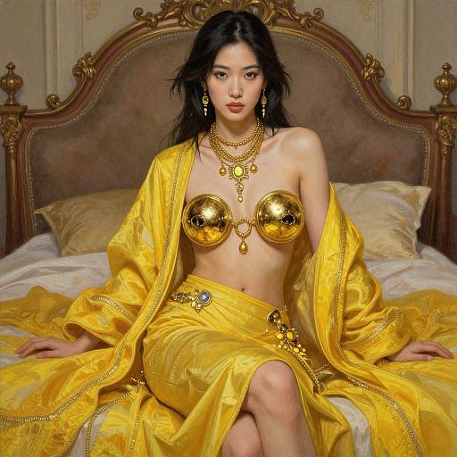 Photograph of an Asian woman with long black hair, wearing gold metallic breast plates, yellow silk robe, and jewelry, sitting on an ornate bed