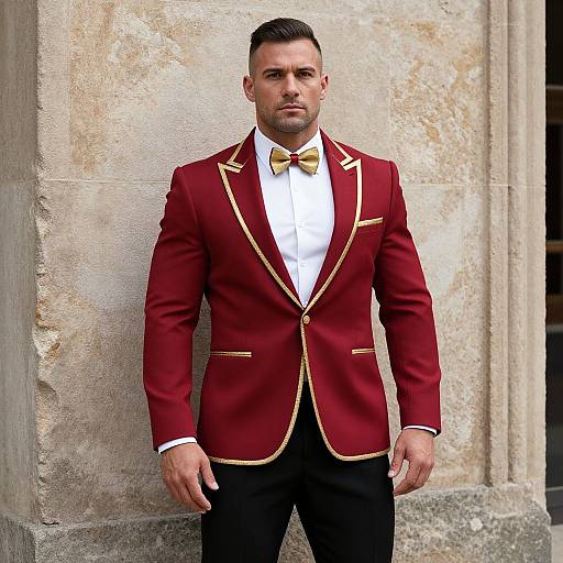 Photograph of a handsome, serious-looking man in a burgundy blazer with gold trim, white shirt, black pants, and yellow bow tie,