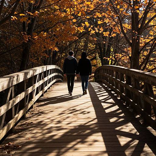 Photograph of a wooden bridge in autumn, silhouetted couple walking hand-in-hand, vibrant orange leaves overhead, sunlight casting long shadows.